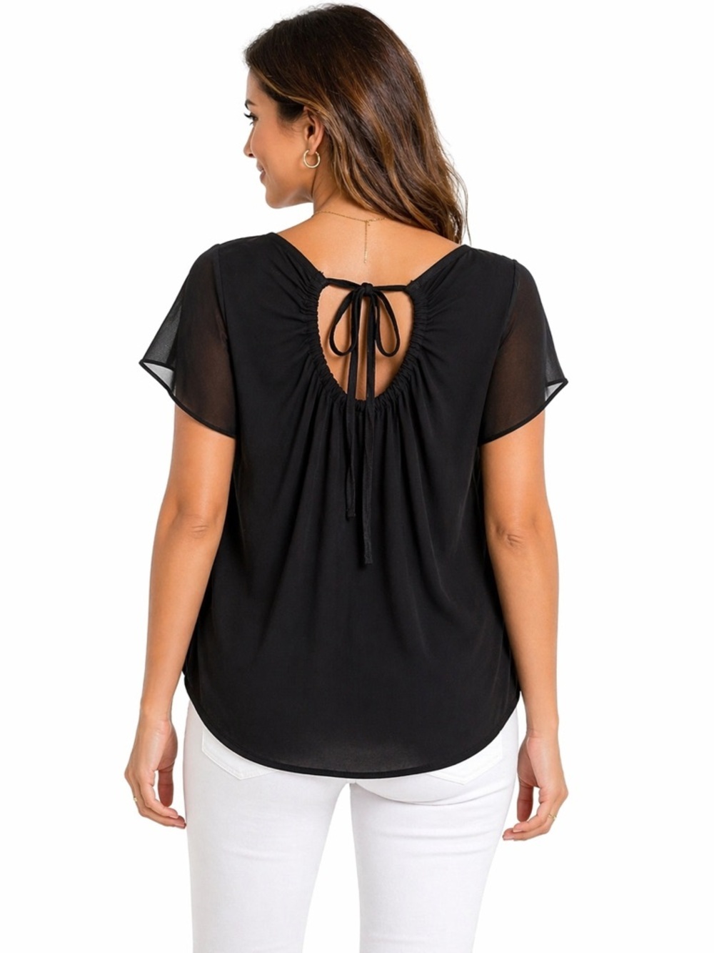 LOFT Black Velvet Trim Open Tie Back Sheer Blouse Top XS